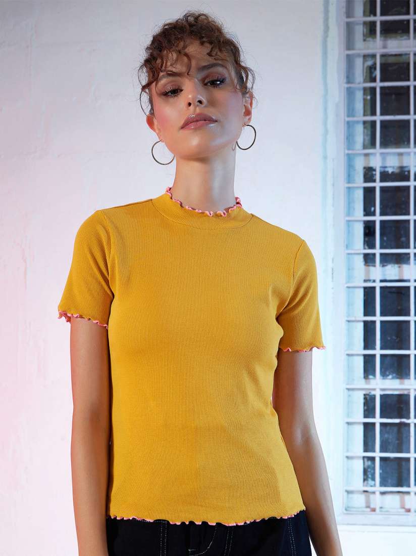Buy SASSAFRAS Mustard Yellow High Neck Top Tops for Women 12222000 Myntra