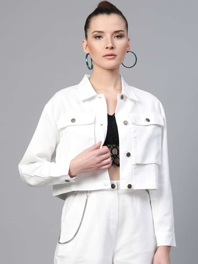 Buy SASSAFRAS Women White Solid Crop Denim Jacket Jackets for Women 12222106 Myntra