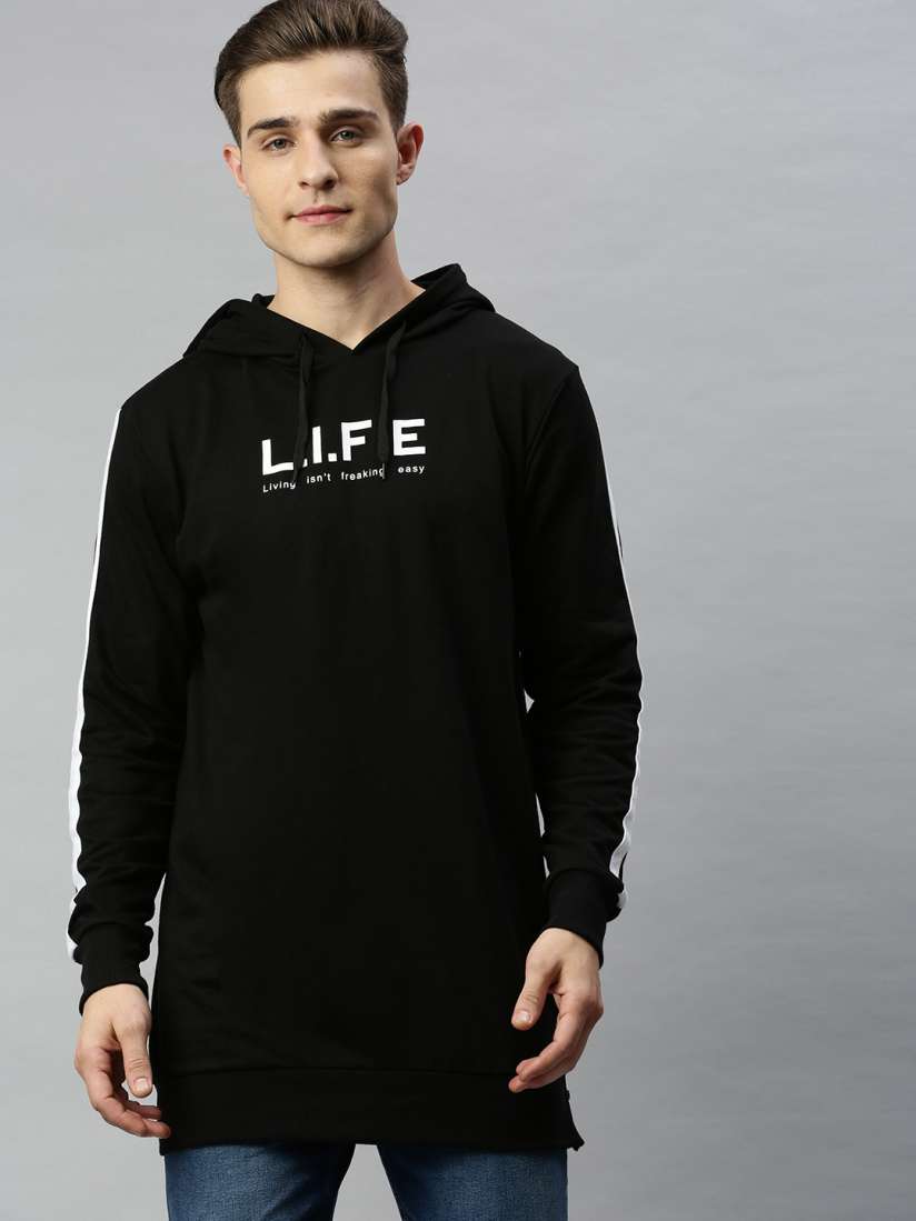 Buy Kook N Keech Men Black Printed Hooded Longline Pullover Sweatshirt with Side Taping Sweatshirts for Men 12243668 Myntra