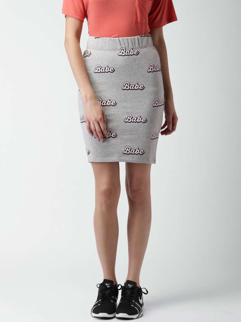 Buy FOREVER 21 Grey Melange Text Print Pencil Skirt Skirts for Women 1225365 Myntra