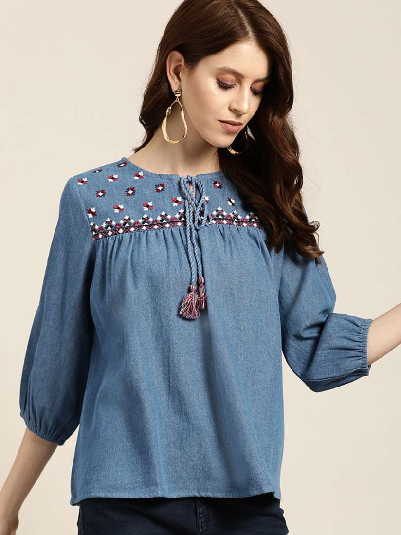 Buy all about you Women Blue Denim Solid Pure Cotton Top Tops for Women 12259214 Myntra