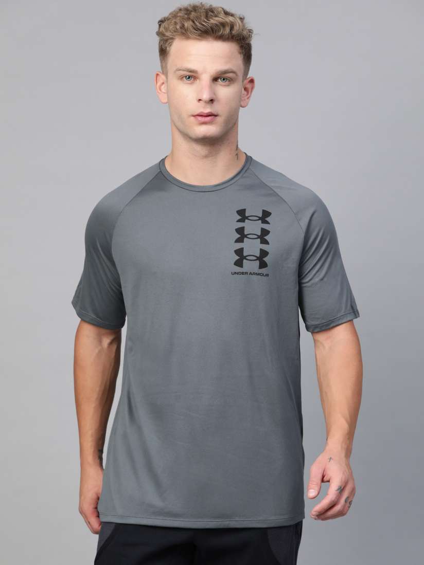 Buy UNDER ARMOUR Men Charcoal Grey Loose Fit Tech Triple Logo Short Sleeve Training T shirt Tshirts for Men 12263224 Myntra