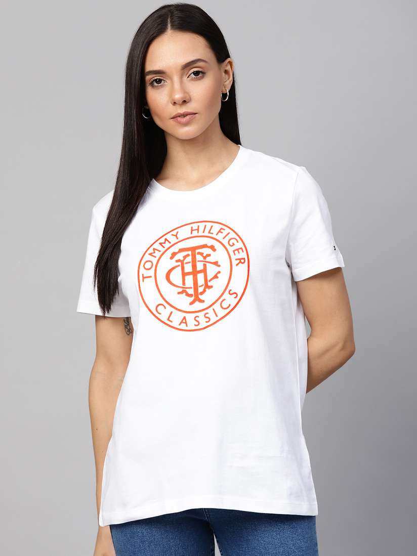 Tommy Hilfiger Women White Neon Orange Printed Round Neck T-shirt