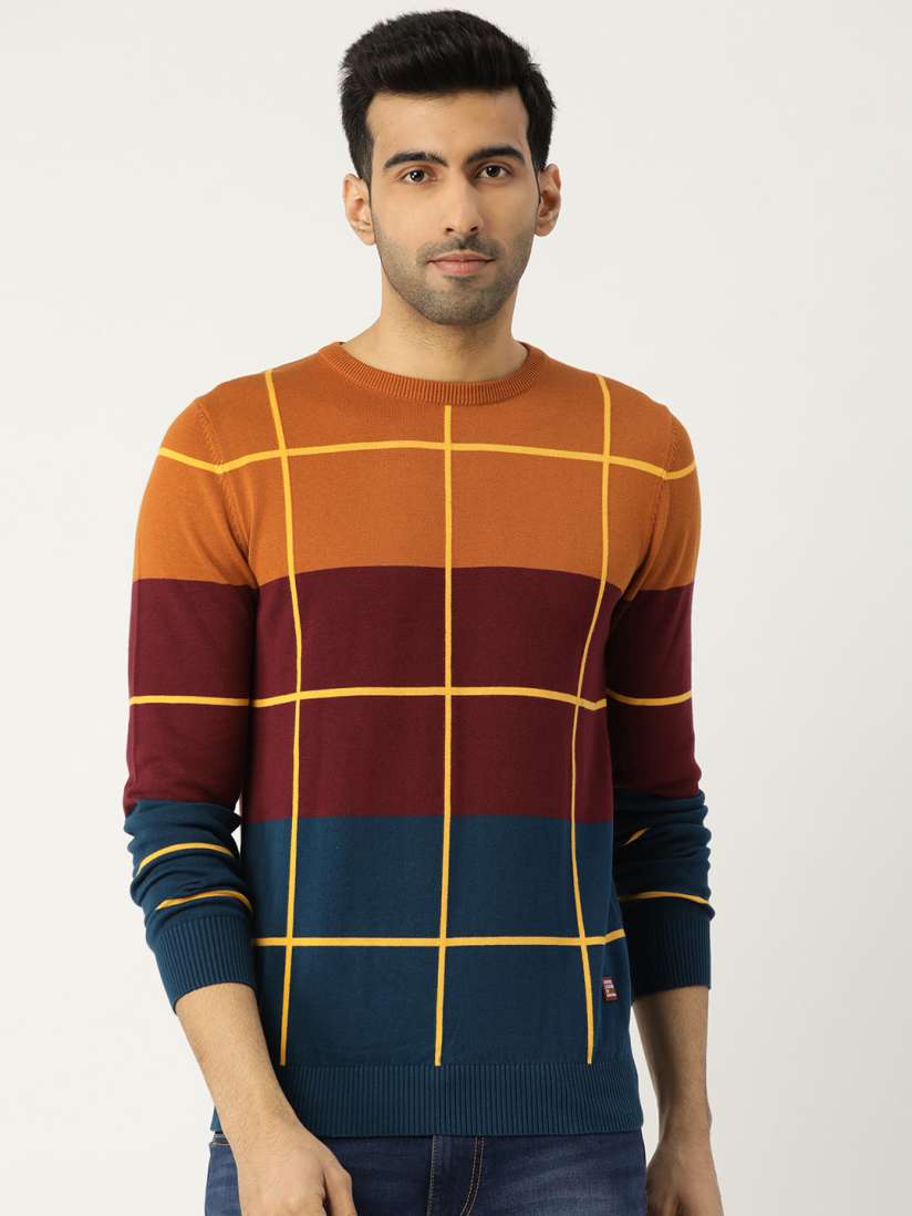 Buy United Colors of Benetton Men Mustard Yellow Burgundy Colourblocked Pullover Sweater Sweaters for Men 12274140 Myntra