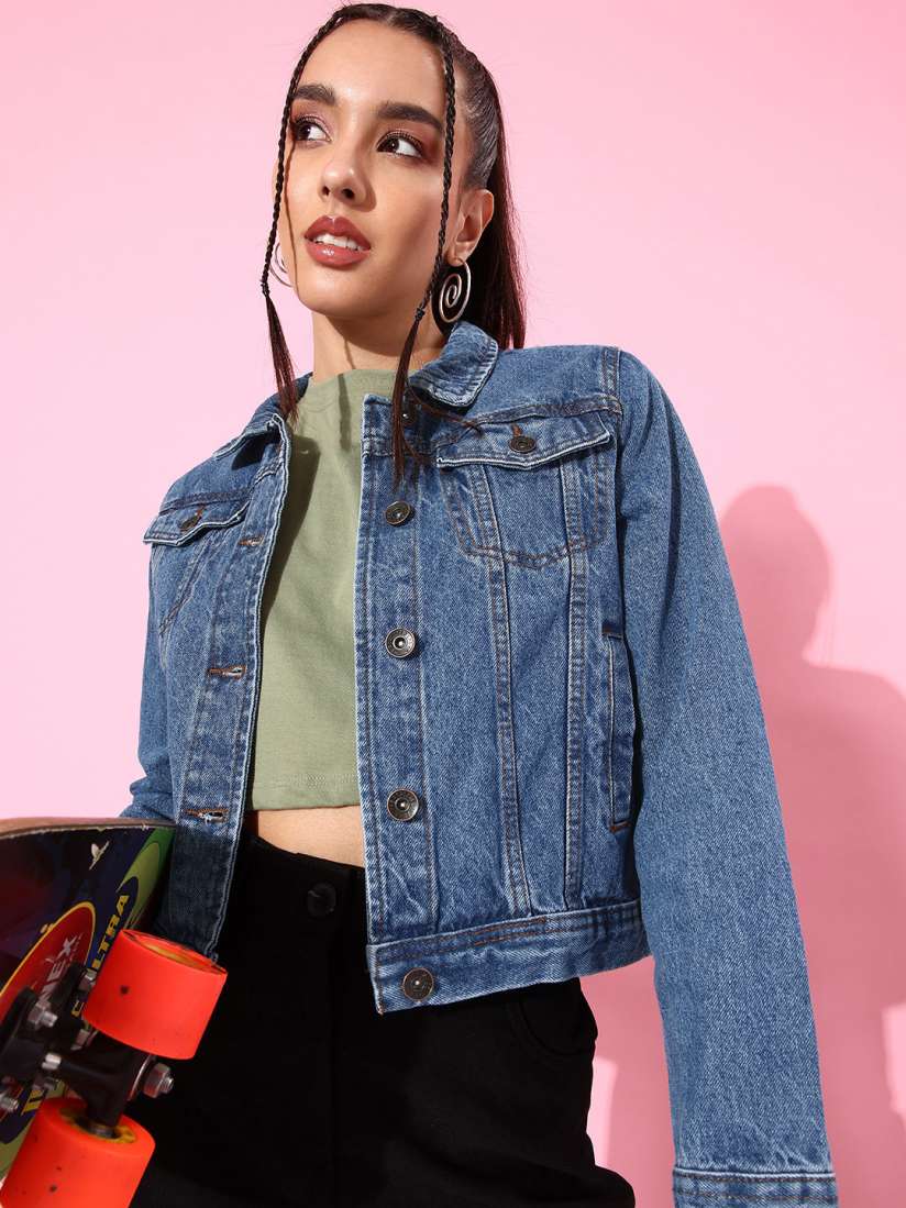 Buy Roadster Women Blue Washed Antiviral Protective Finish Denim Trucker Jacket Jackets for Women 12279334 Myntra