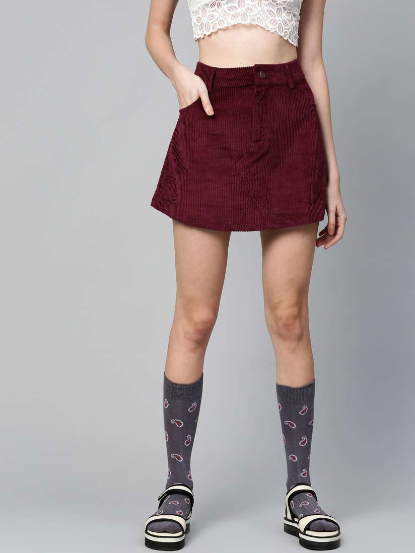Buy SASSAFRAS Burgundy Self Striped Corduroy A Line Mini Pure Cotton Skirt Skirts for Women 12288098 Myntra