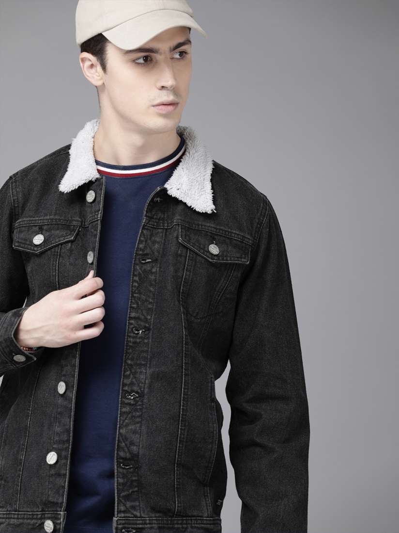Denim coat with fur mens clearance