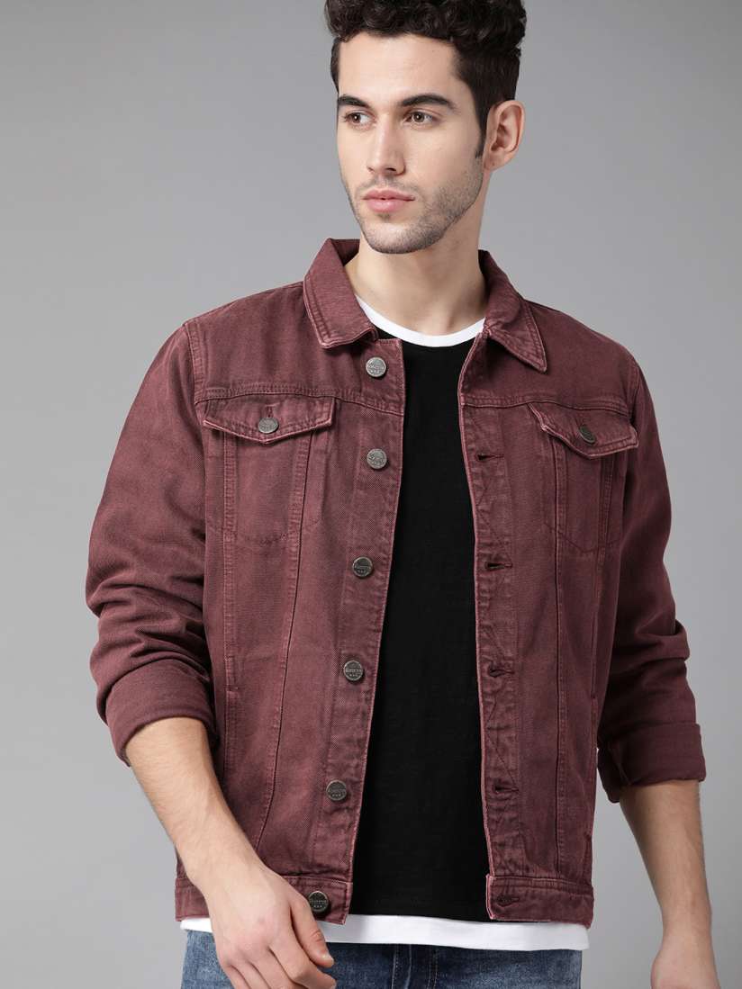Buy Roadster Men Burgundy Solid Denim Jacket Jackets for Men 12288614 Myntra