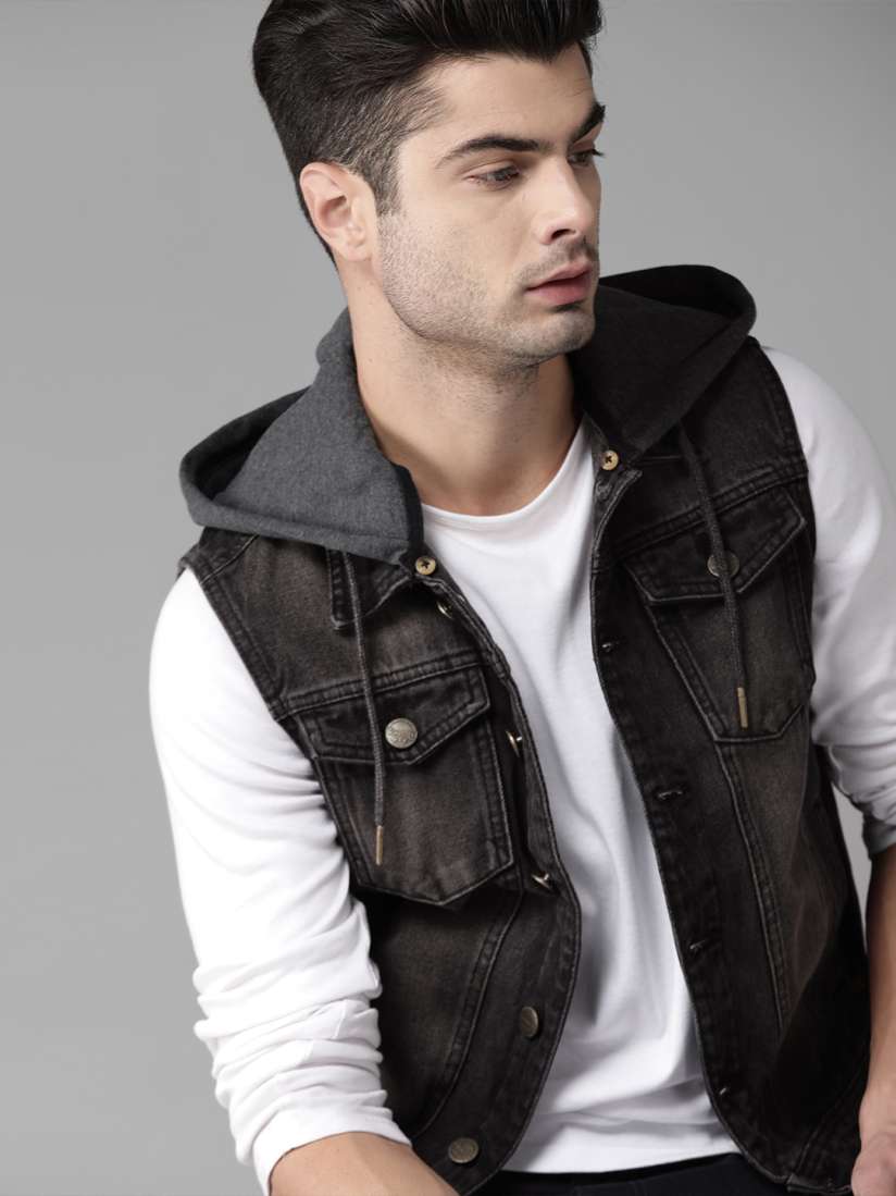 Buy Roadster Men Black Washed Hooded Denim Jacket Jackets for Men 12288642 Myntra