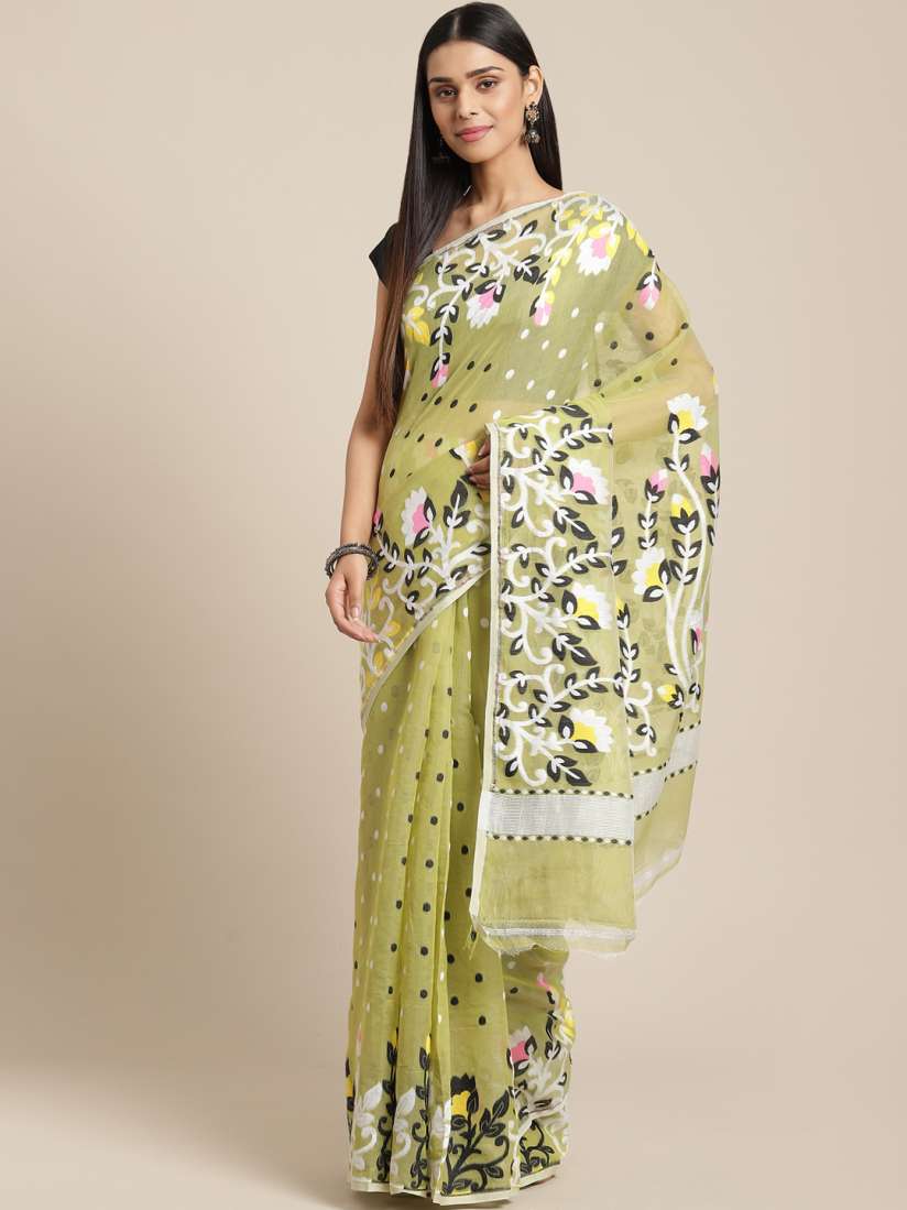 Buy Laa Calcutta Olive Green White Woven Design Dhakai Jamdani Saree Sarees for Women 12298334 Myntra