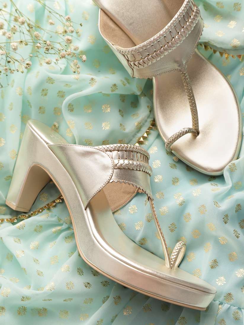 Buy House of Pataudi Women Muted Gold Toned Braided Handcrafted One Toe Heels Heels for Women 12304340 Myntra