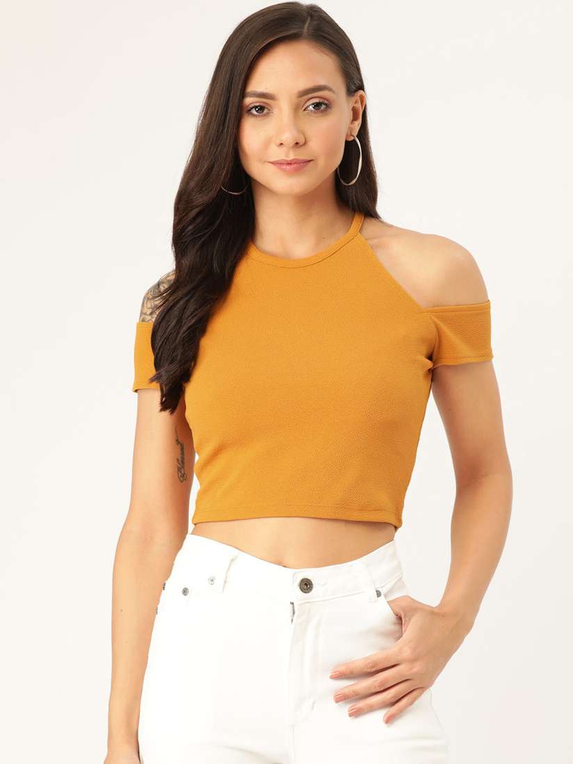 mustard yellow cold shoulder top