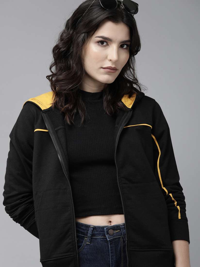 Buy Roadster Women Black Solid Front Open Hooded Sweatshirt With Contrast Details Sweatshirts for Women 12335192 Myntra