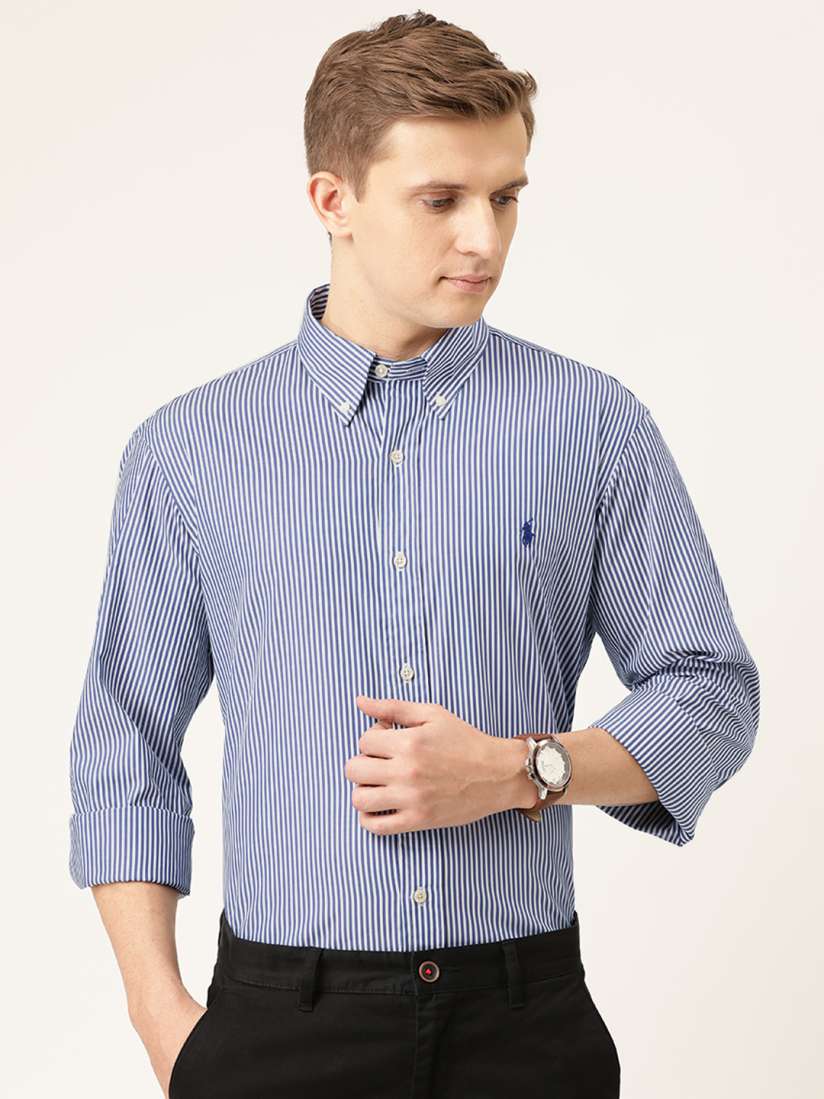 Buy Polo Ralph Lauren Men Navy Blue White Custom Fit Striped Smart Casual Shirt Shirts for Men 12350648 Myntra