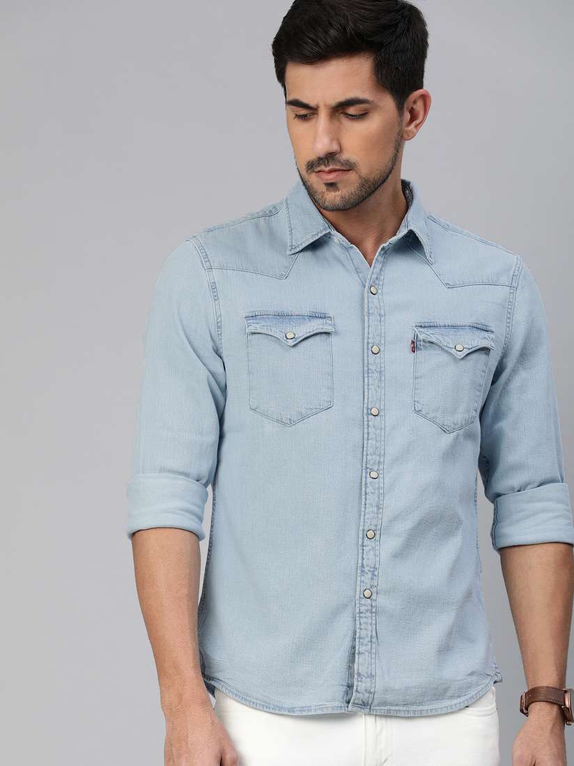Levis Solid Jeans Shirt Levis Men Blue Slim Fit Solid Casual Denim