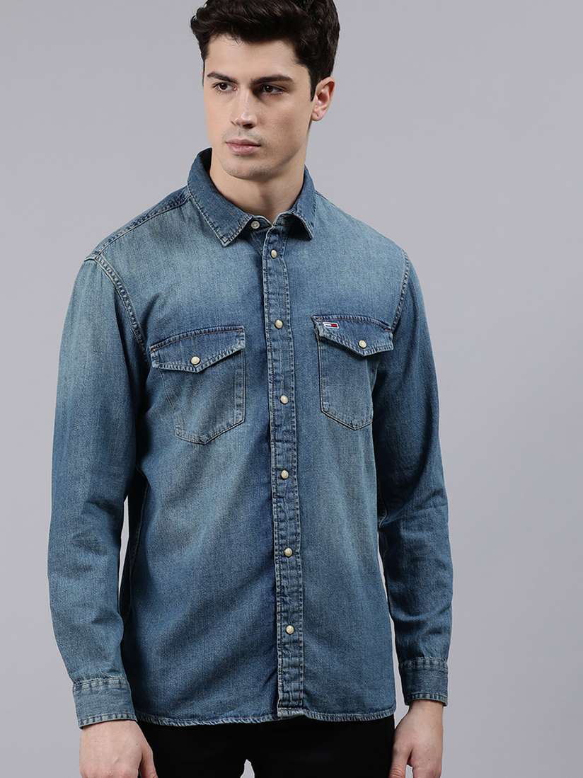 Buy Tommy Hilfiger Men Blue Regular Fit Solid Denim Shirt - Shirts for Men  12370364 | Myntra