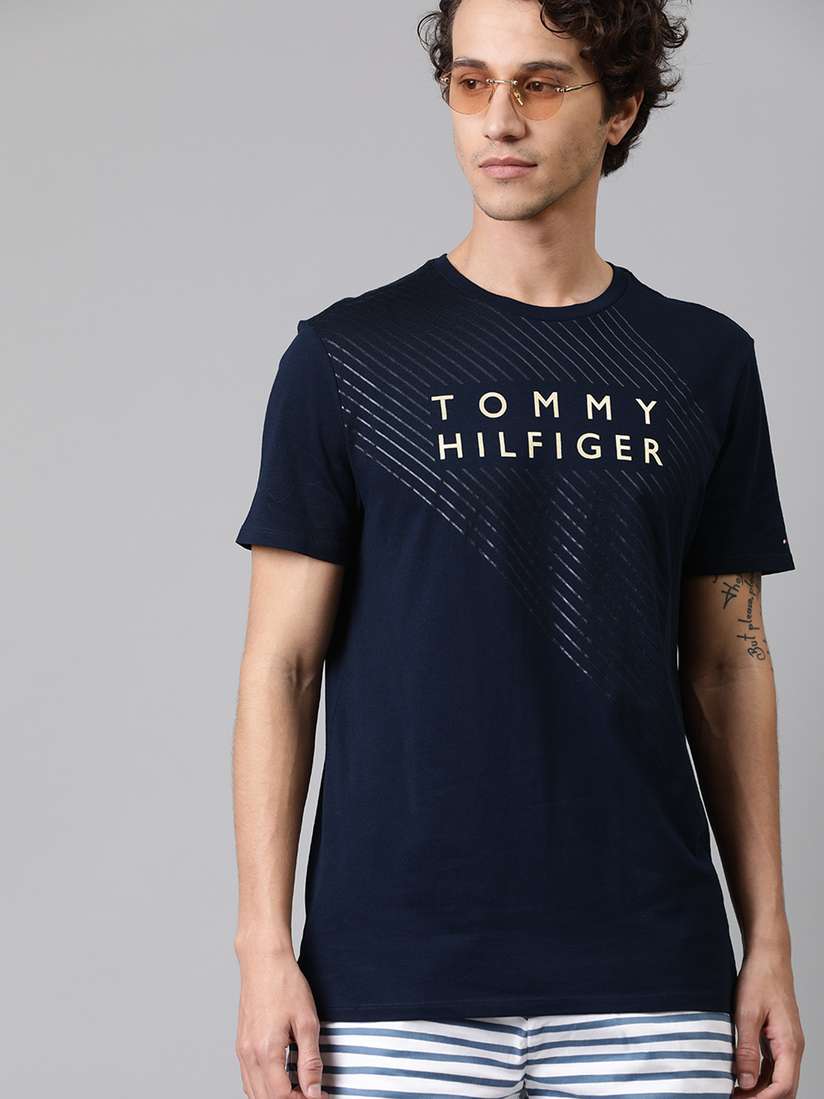 Buy Tommy Hilfiger Men Navy Blue Printed Round Neck Pure Cotton T