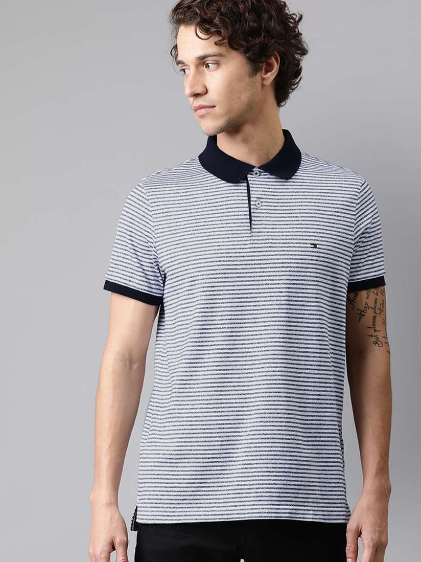 Buy Tommy Hilfiger Men Navy Blue White Slim Fit Striped Contrast