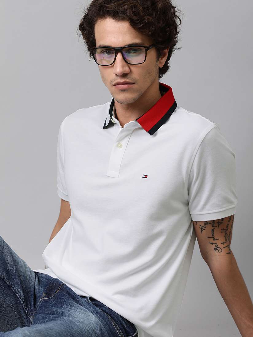 Tommy Hilfiger Men White Solid Polo Collar Pure Cotton T-shirt