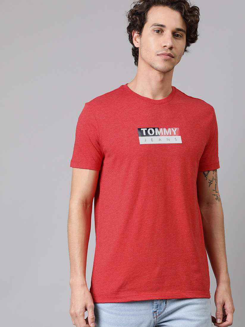 Jeans Tommy Hilfiger Red Tshirt Men Brand Print Regular Fit Crew