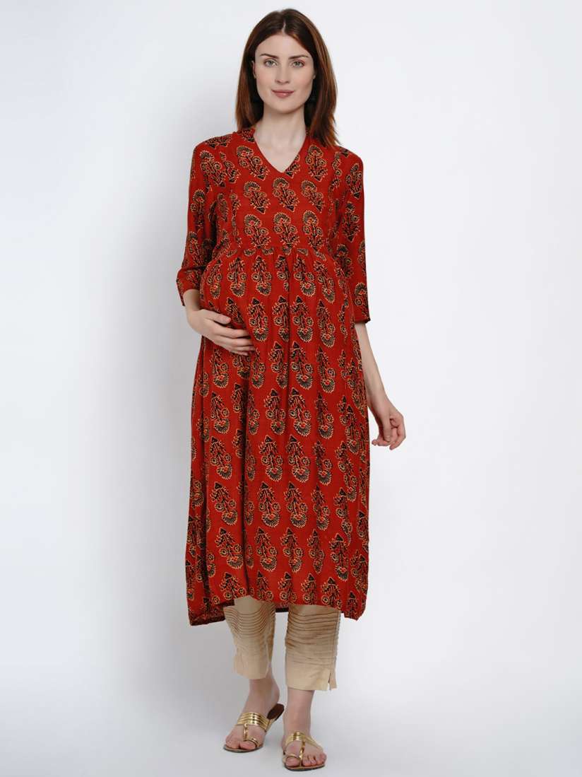 Buy Mine4Nine Women Rust Red Black Printed A Line Maternity Nursing Kurta Kurtas for Women 12373684 Myntra