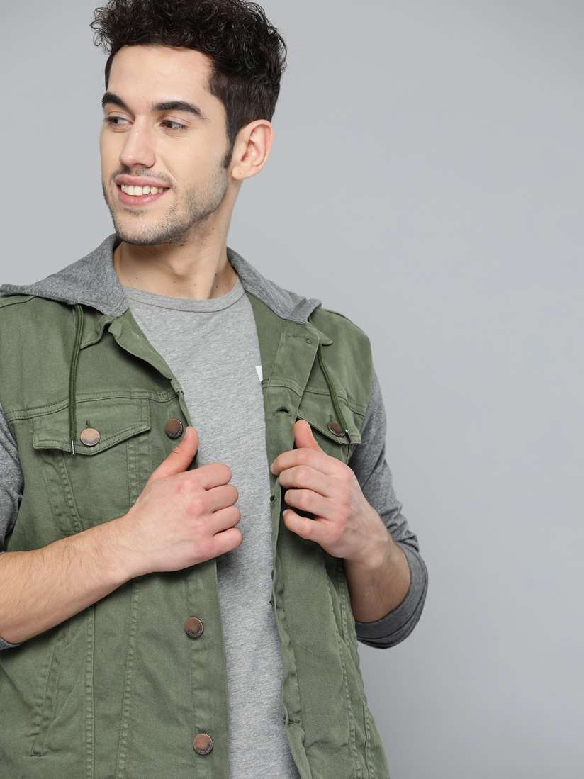 Buy HERE NOW Men Olive Green Grey Melange Solid Hooded Denim Jacket Jackets for Men 12375678 Myntra