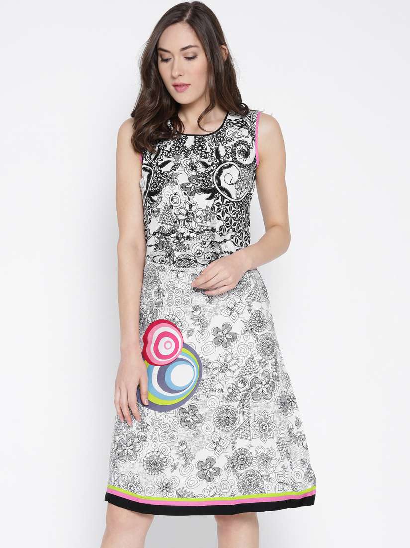 Buy BIBA Off White Black Printed A Line Dress Kurtas for Women 1237715 Myntra