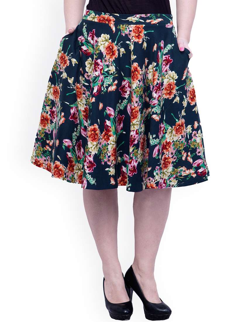 Long Skater Skirt Floral FabAlley Curve Plus Size Navy Floral