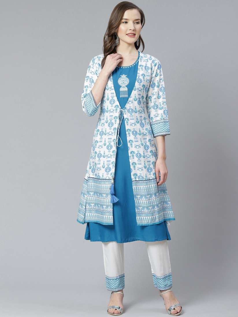 Buy Shree Women White Blue Printed Layered Kurta with Trousers Kurta Sets for Women 12394310 Myntra