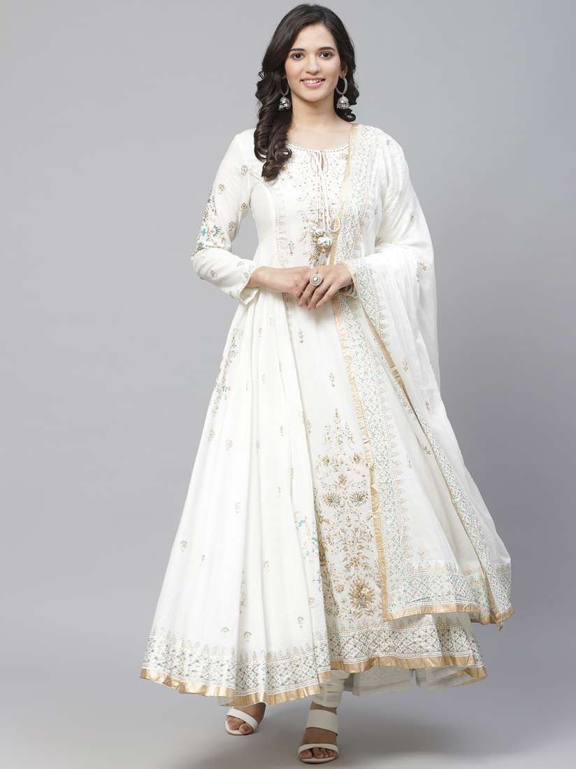 Buy Biba Women Off White Golden Printed Kurta with Churidar Dupatta Kurta Sets for Women 12411644 Myntra