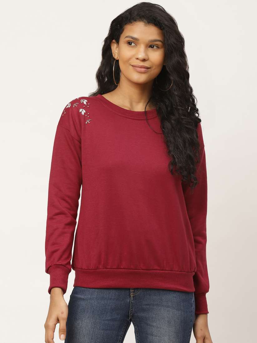 Buy Belle Fille Women Burgundy Solid Sweatshirt Sweatshirts for Women 12415624 Myntra