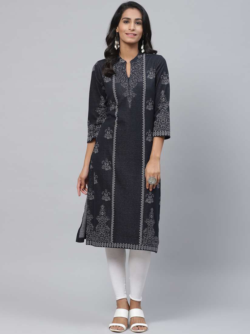 Buy Biba Women Navy Blue Off White Printed Straight Winter Kurta Kurtas for Women 12436356 Myntra