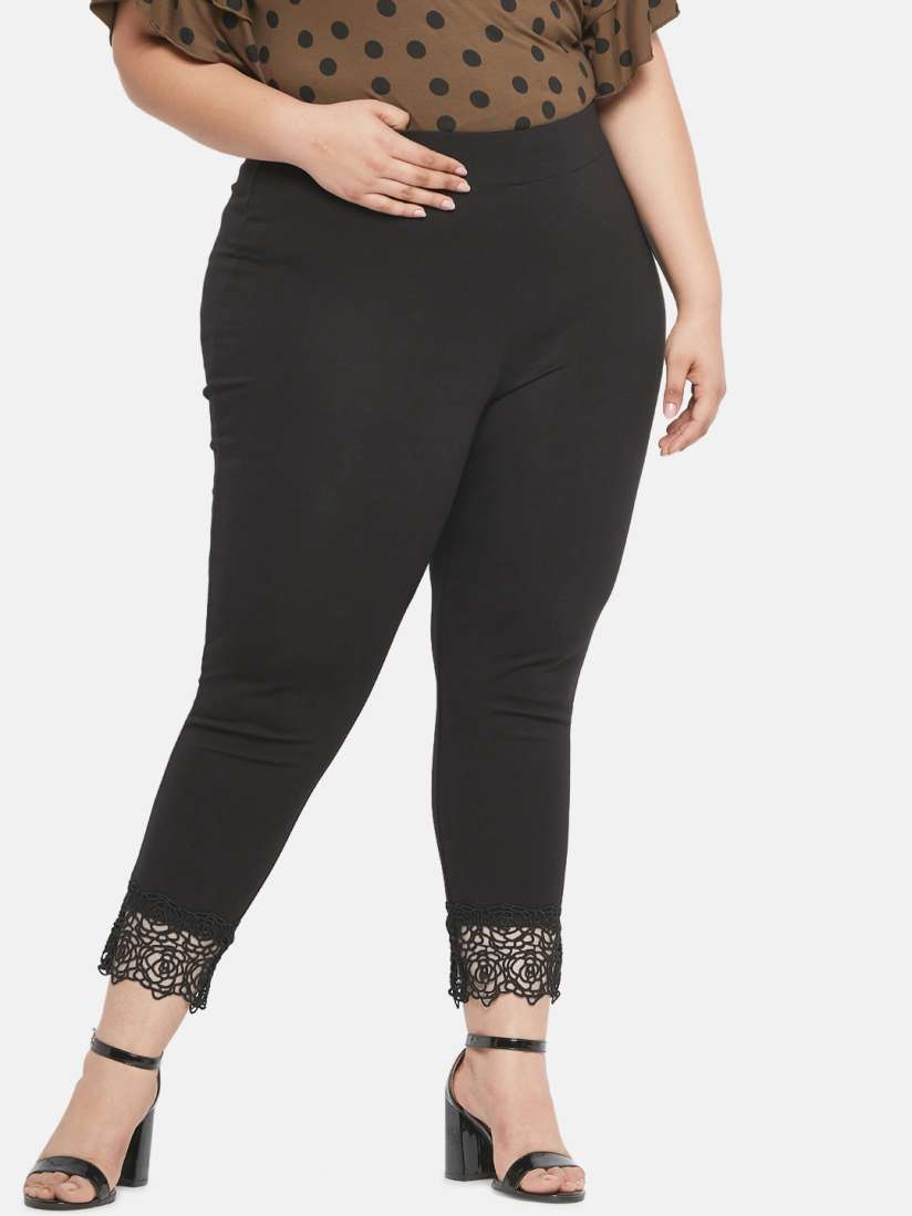 Buy aLL Women Black Solid Cropped Treggings With Lace Detailing Jeggings for Women 12439708 Myntra