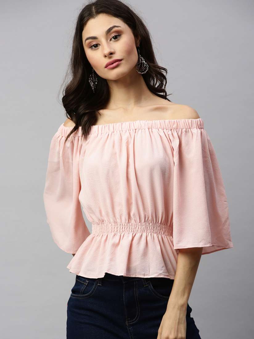 Buy RHHENSO Women Peach Solid Vegan Smocked Bardot Top Tops for Women 12449292 Myntra