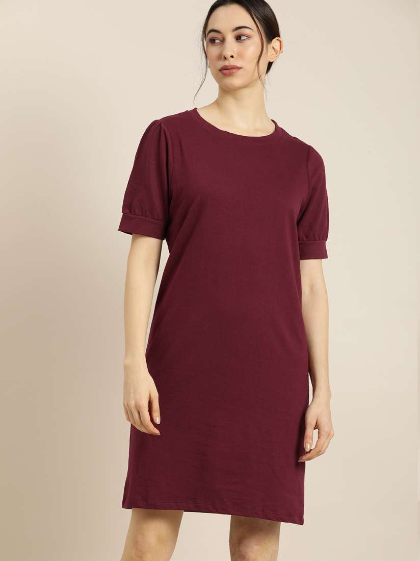 Buy ether Burgundy Pure Cotton T shirt Dress Dresses for Women 12457304 Myntra