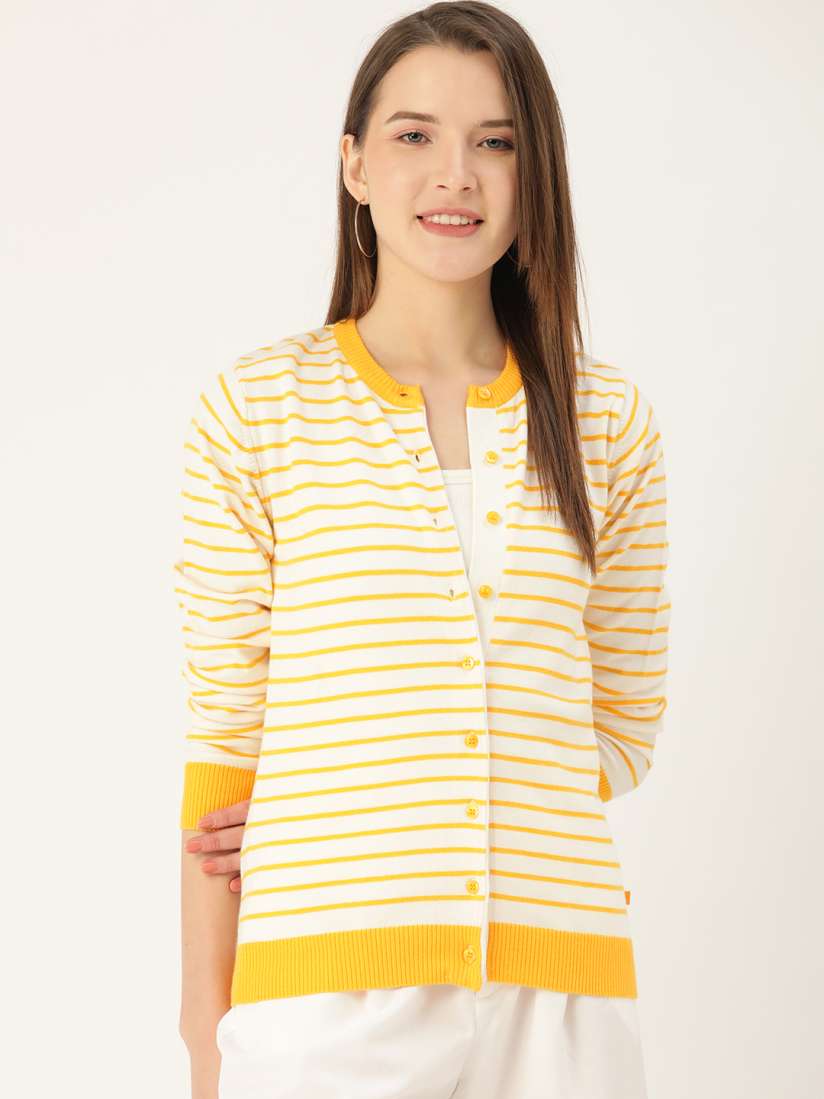 Buy Monte Carlo Women Yellow White Striped Cardigan Sweaters for Women 12459528 Myntra