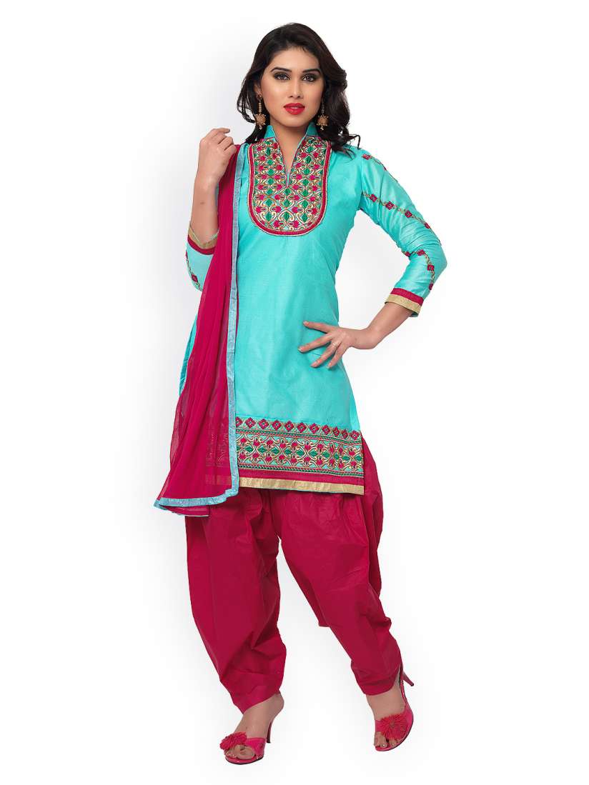 Buy Saree mall Blue Pink Embroidered Cotton Unstitched Dress Material Dress Material for Women 1247583 Myntra