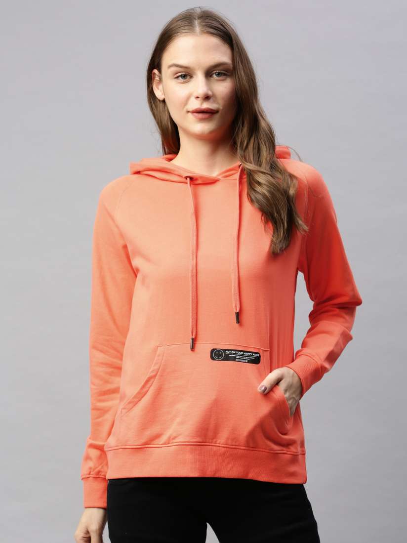 Buy Flying Machine Women Coral Orange Solid Hooded Pullover Sweatshirt Sweatshirts for Women 12476650 Myntra