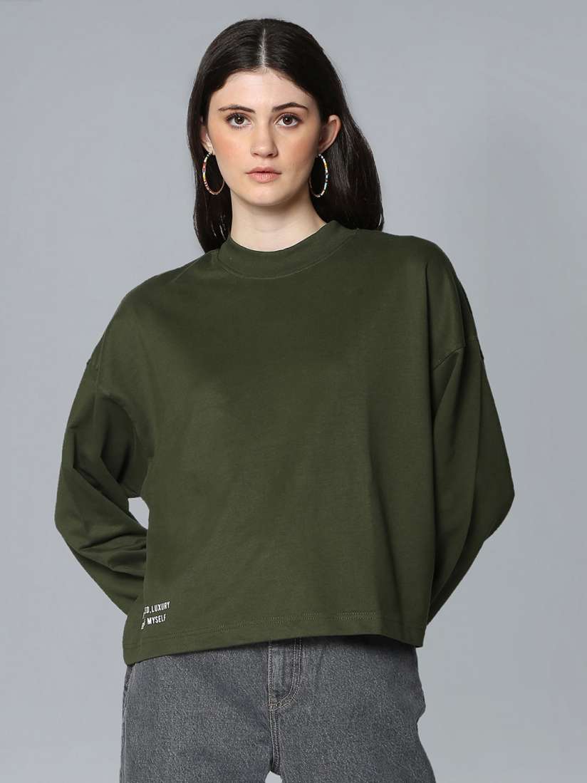 Buy Flying Machine Women Olive Green Solid Sweatshirt with Print Detail Sweatshirts for Women 12476706 Myntra