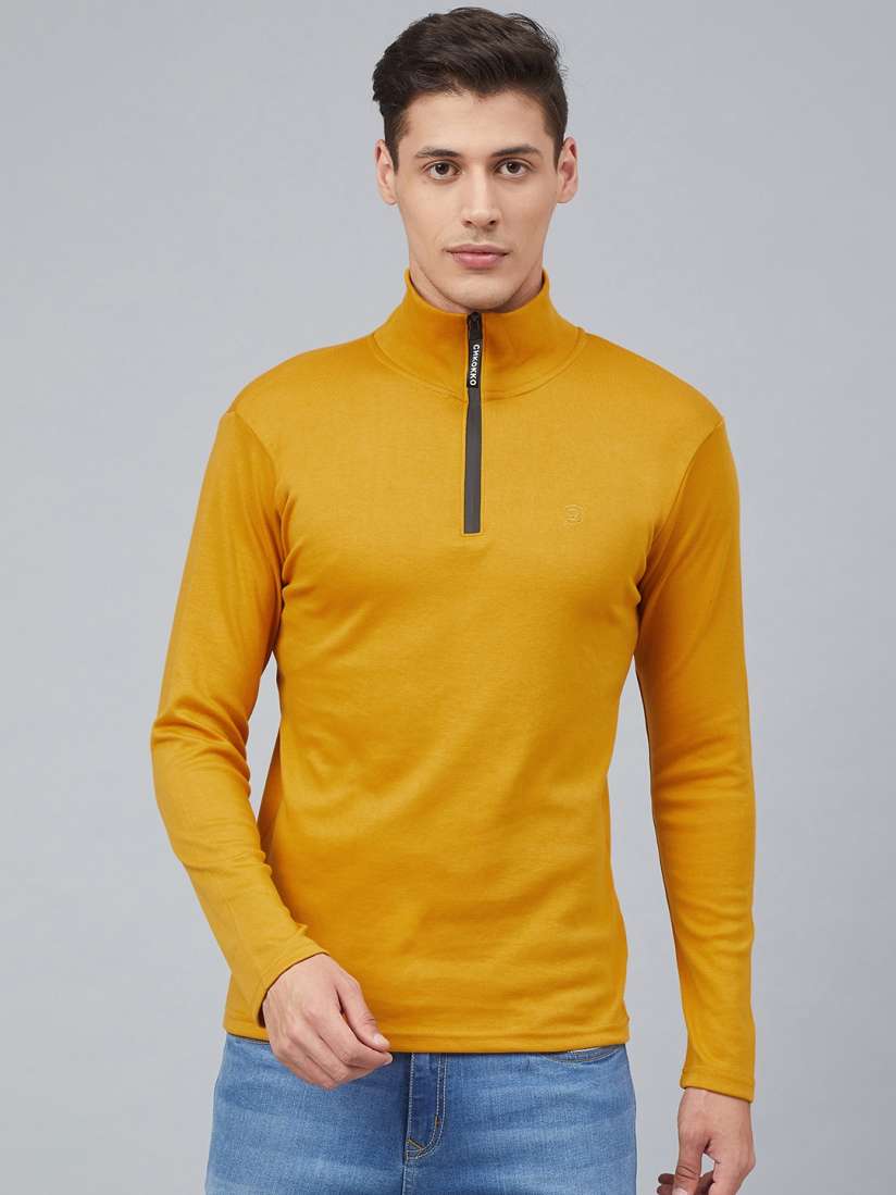 Buy CHKOKKO Men Mustard Yellow Solid Mock Collar T shirt Tshirts for Men 12487284 Myntra