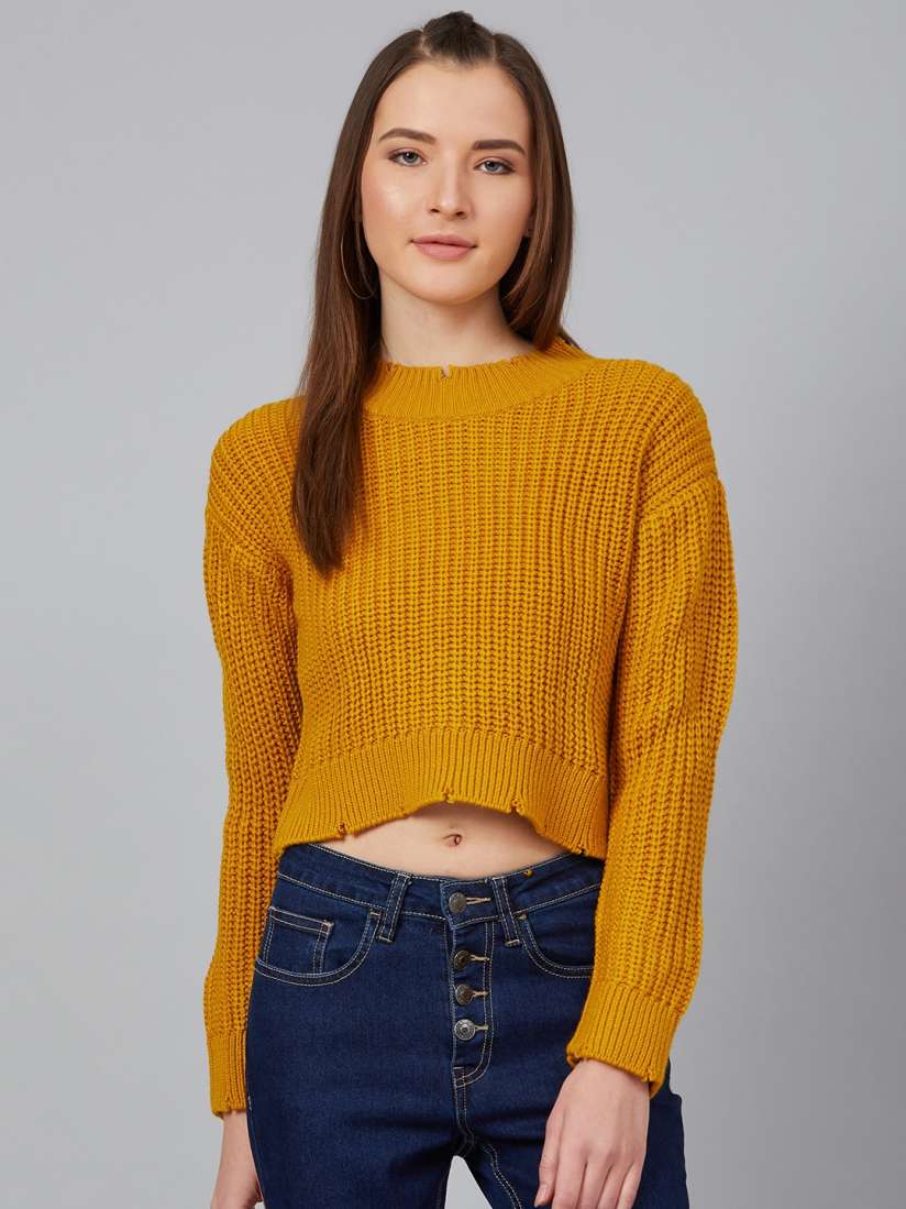 Buy Cayman Women Mustard Yellow Ribbed Crop Pullover Sweater Sweaters for Women 12498316 Myntra