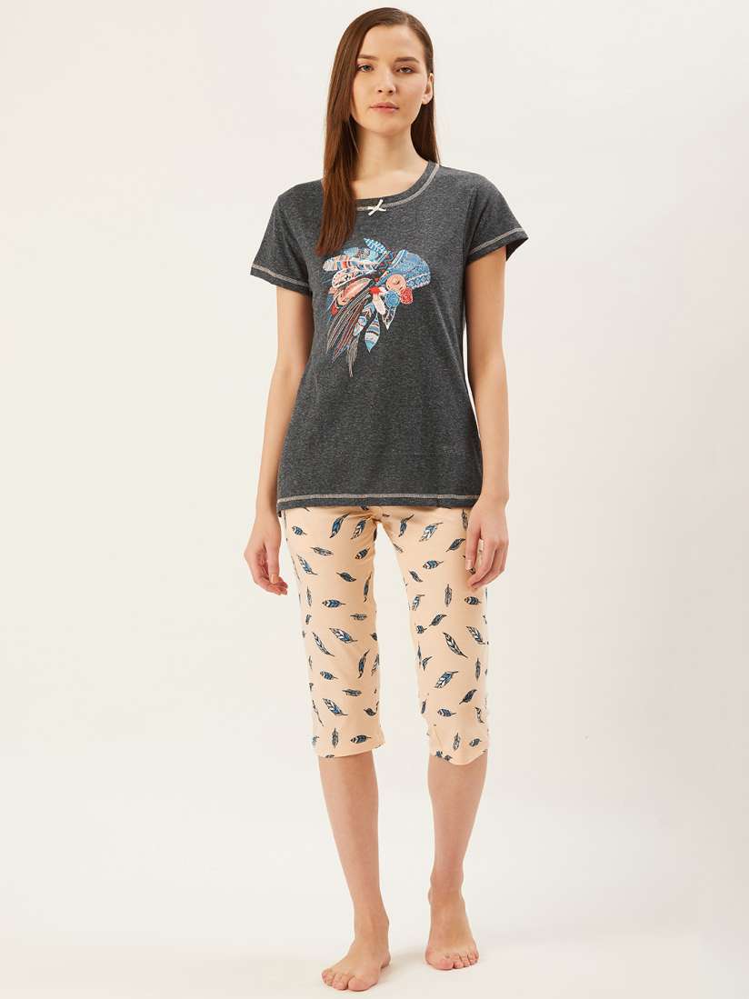 Buy July Nightwear Women Charcoal Grey Peach Coloured Floral Leaf Print Night suit Night suits for Women 12498864 Myntra