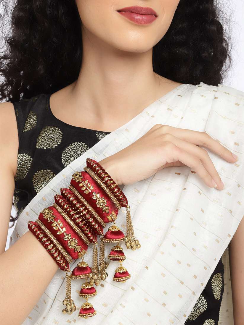 Buy Peora Set of 4 Gold Plated Maroon Kundan Silk Thread Chura Bangle Bangle for Women 12510226 Myntra