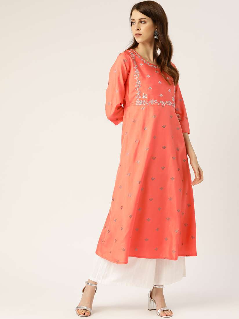 Buy Moda Rapido Women Coral Orange Golden Printed A Line Kurta Kurtas for Women 12517628 Myntra