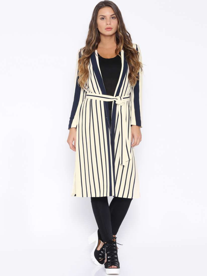 Buy ONLY Off White Navy Striped Duster Coat Coats for Women 1252498 Myntra