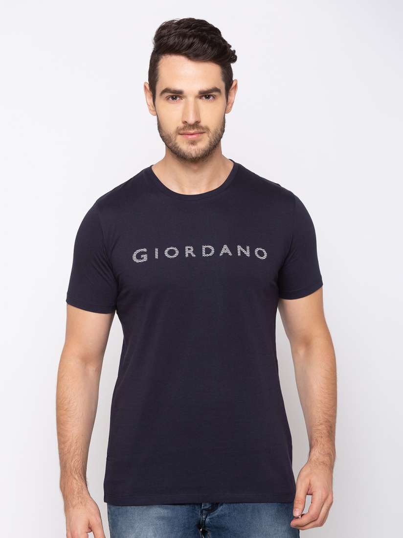 Buy GIORDANO Men Navy Blue Slim Fit Printed Round Neck T shirt Tshirts for Men 12529162 Myntra