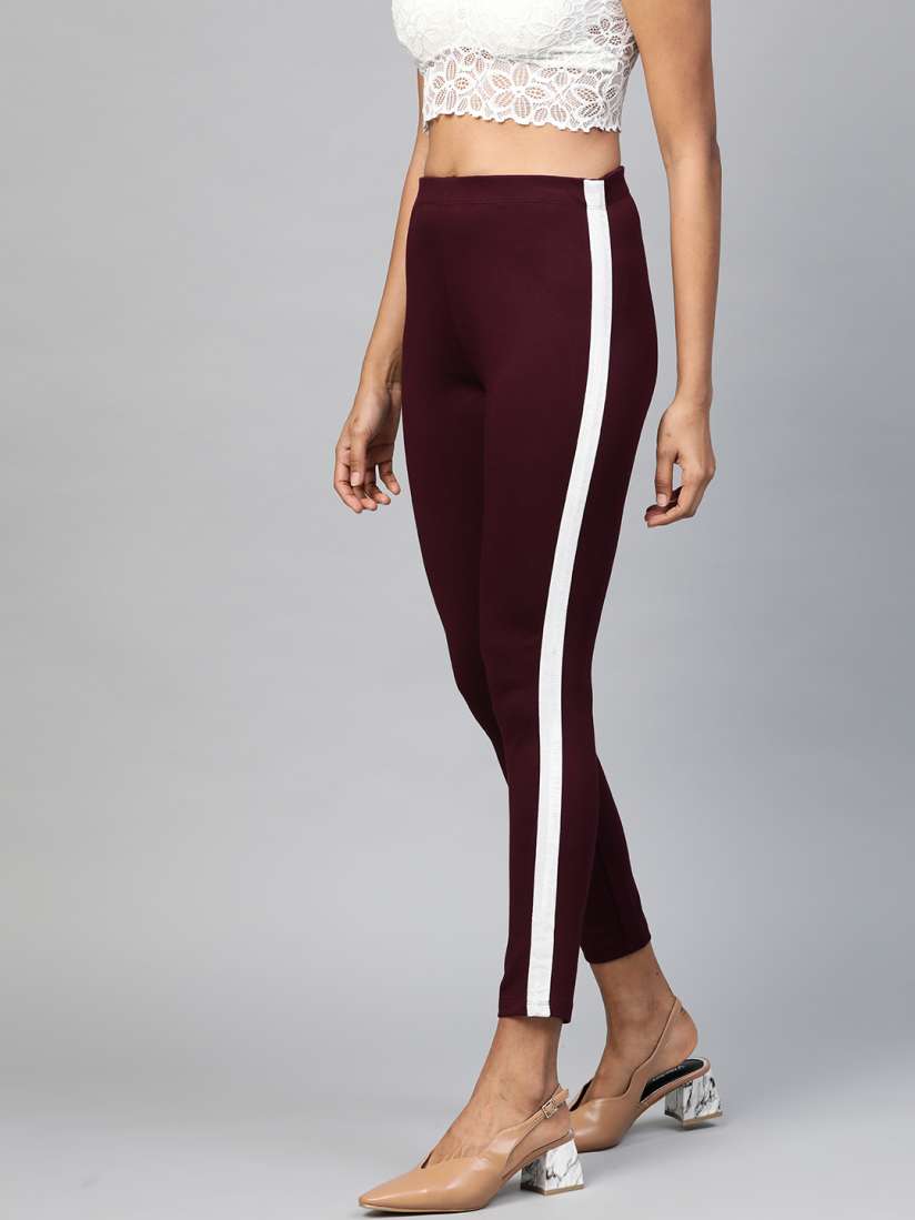 Buy SASSAFRAS Women Burgundy White Slim Fit Solid Side Stripe Cropped Treggings Jeggings for Women 12541454 Myntra
