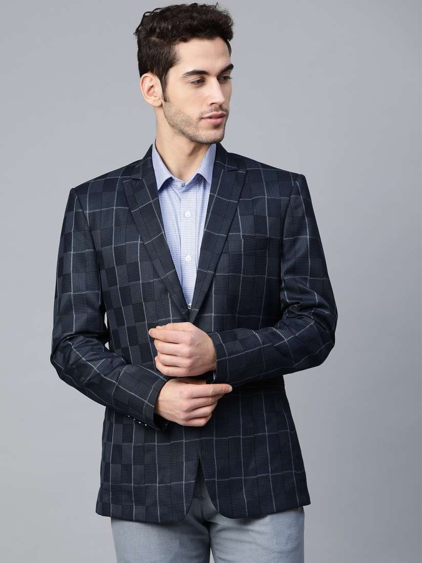 Buy MANQ Men Navy Slim Fit Self Checked Single Breasted Formal Blazer Blazers for Men 12554432 Myntra