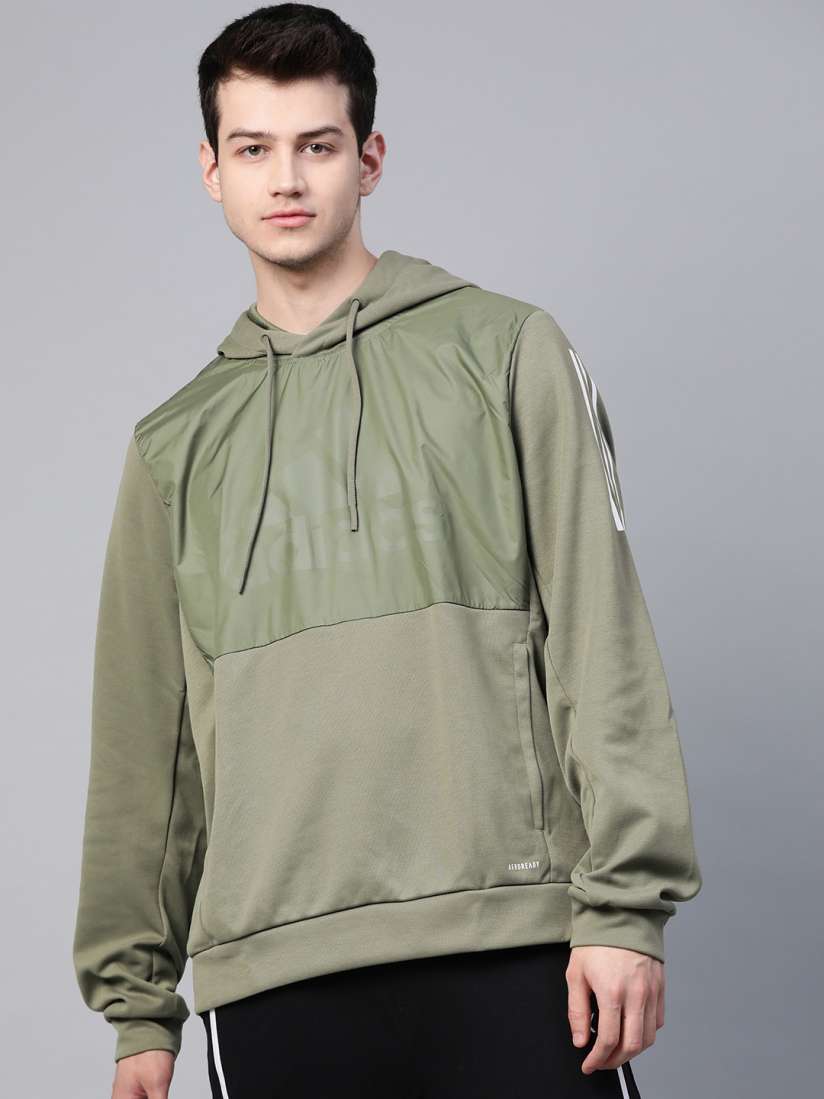 Buy ADIDAS Men Olive Green Brand Logo Inspired Must Haves Aeroready Hoodie Sports Sweatshirt Sweatshirts for Men 12620872 Myntra
