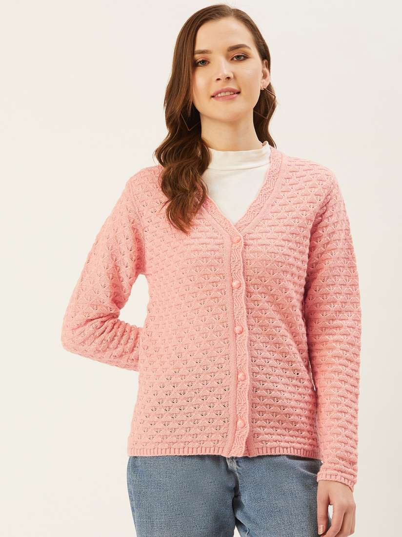 Buy Madame Women Peach Coloured Open Knit Cardigan Sweaters for Women 12629046 Myntra